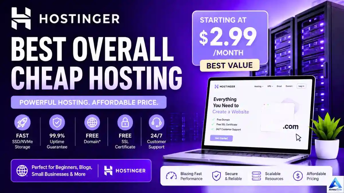 Cheapest Web Hosting Plans -  shared hosting plan overview with pricing and hPanel dashboard