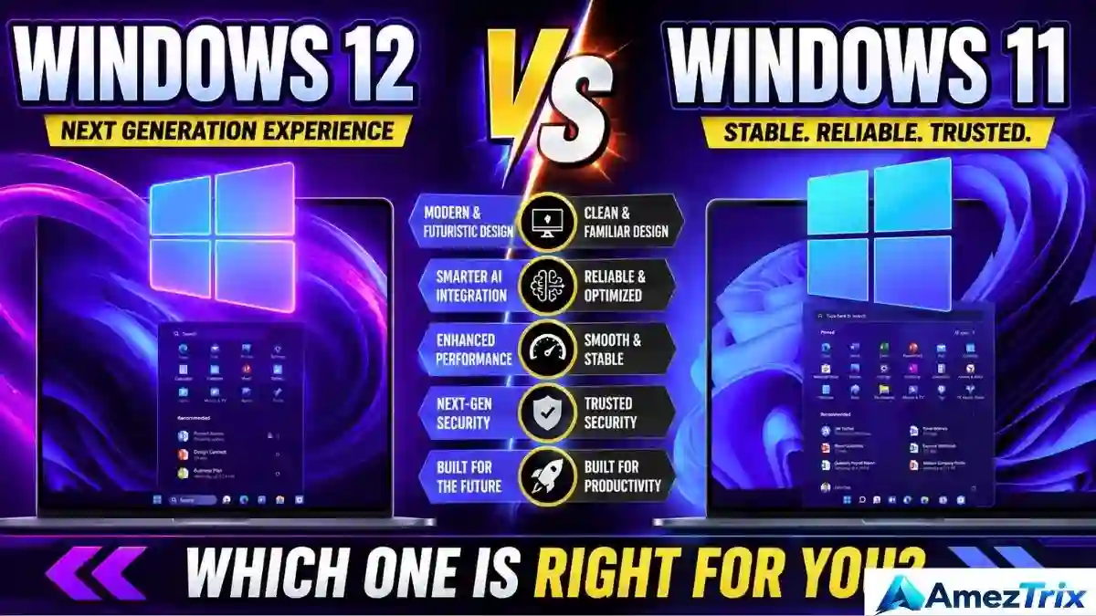 Windows 12 vs Windows 11 comparison showing a Windows 11 desktop next to a question mark