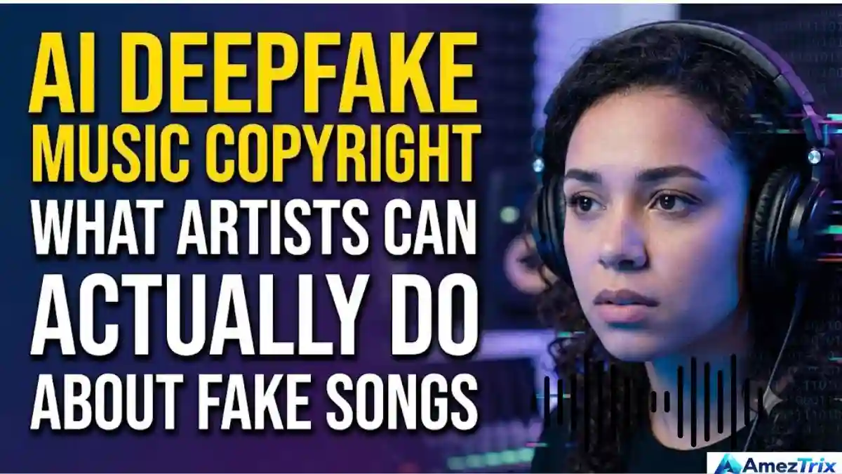 AI deepfake music copyright: real artist voice waveform next to an AI voice clone
