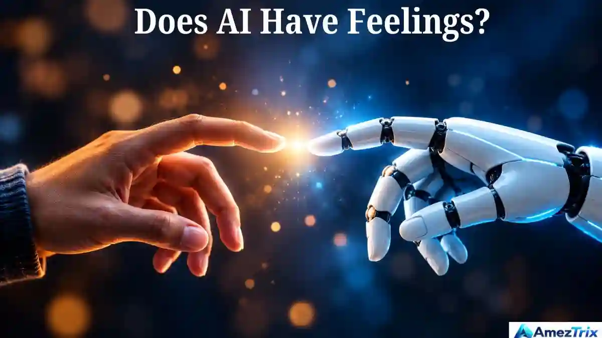 AI feelings debate: human hand reaching toward a robot hand