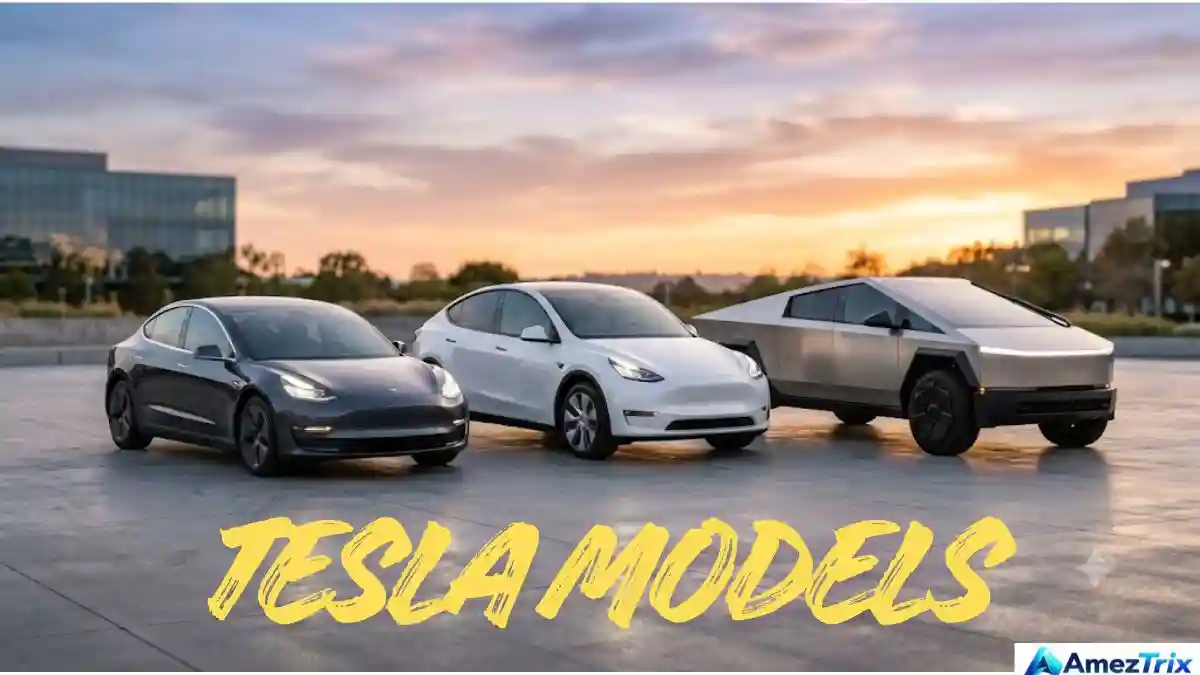 Lineup of Tesla-style electric sedan, SUV and pickup truck at sunset
